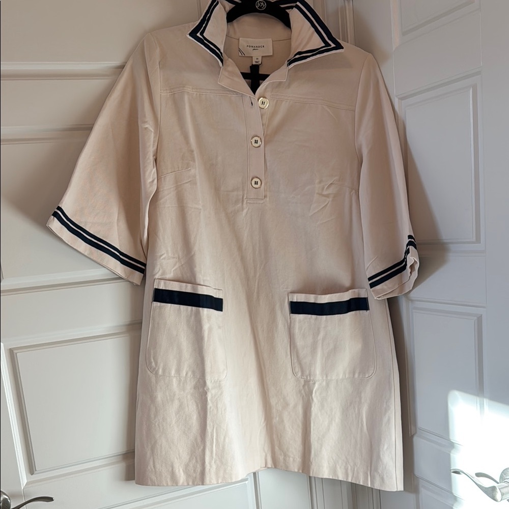 NWT STUNNING Pomander Place Cream KHAKI SWING DRESS with Navy Trim